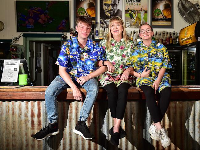 Former owner of the Shamrock Hotel in 2020. Margaret Sewell along with her son Nicholas and daughter Sophia donated tropical shirts to Townsville University's Hospital Palliative Care Centre. Picture: Shae Beplate.