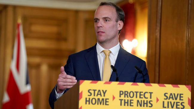 Foreign Secretary Dominic Raab speaks at a press conference overnight. Picture: 10 Downing Street