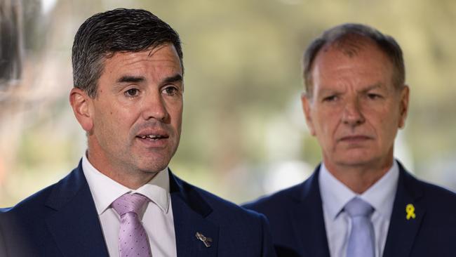 MELBOURNE, AUSTRALIA - NewsWire Photos - 15 FEBRUARY, 2025: Victorian Opposition Leader Brad Battin speaks to the media at Jensen Reserve in Footscray. Picture: NewsWire / Diego Fedele