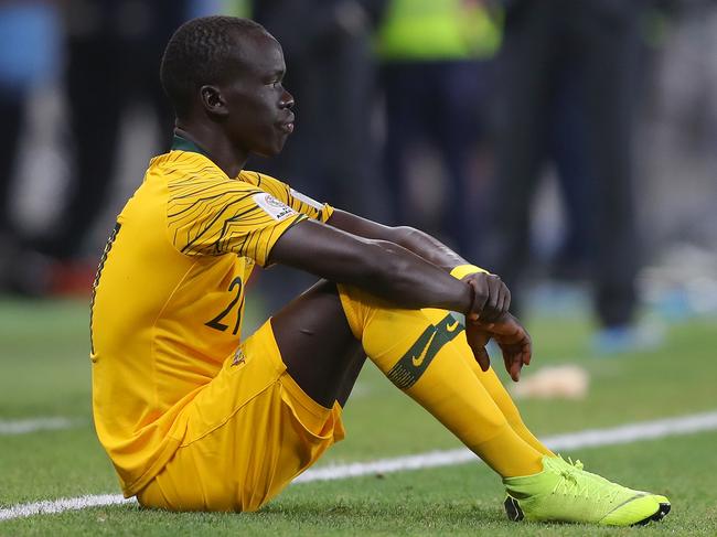 Awer Mabil of Australia reacts after his team lose the AFC Asian Cup quarter final match to United Arab Emirates. Picture: Francois Nel/Getty Images