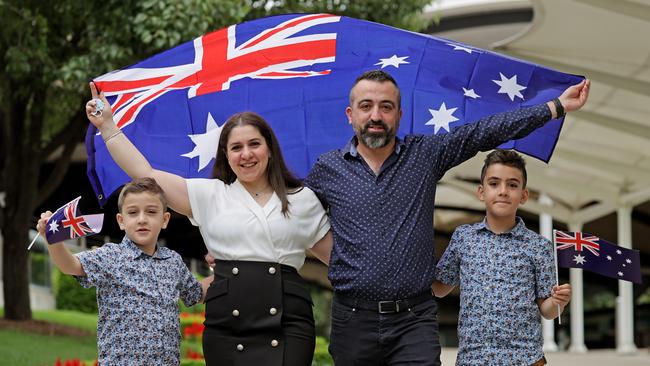 Syrian family Nerses Chuljian and Nayiri Injejikian with boys Intranig and Krikor became Australian citizens on Wednesday. Picture: Toby Zerna