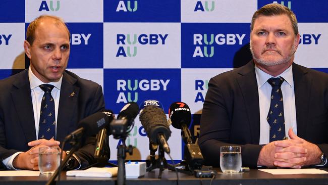 MELBOURNE, AUSTRALIA - MAY 30: Rugby Australia CEO Phil Waugh and Rugby Australia Chair Daniel Herbert speak to the media during a press conference at  InterContinental Melbourne The Rialto on May 30, 2024 in Melbourne, Australia. Rugby Australia announced the results of an application from a consortium seeking a participation agreement for the Melbourne. Rebels in the 2025 Super Rugby Pacific competition. (Photo by Morgan Hancock/Getty Images)