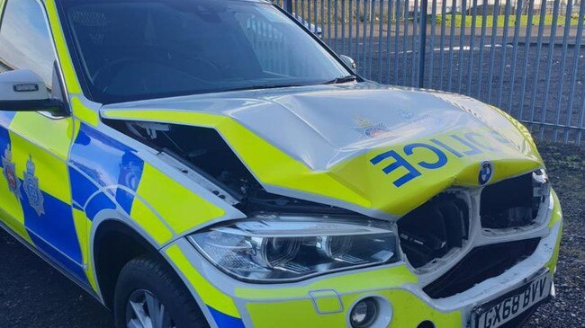 A British police car involved in a collision with the official car of Australian High Commissioner George Brandis in Glasgow.