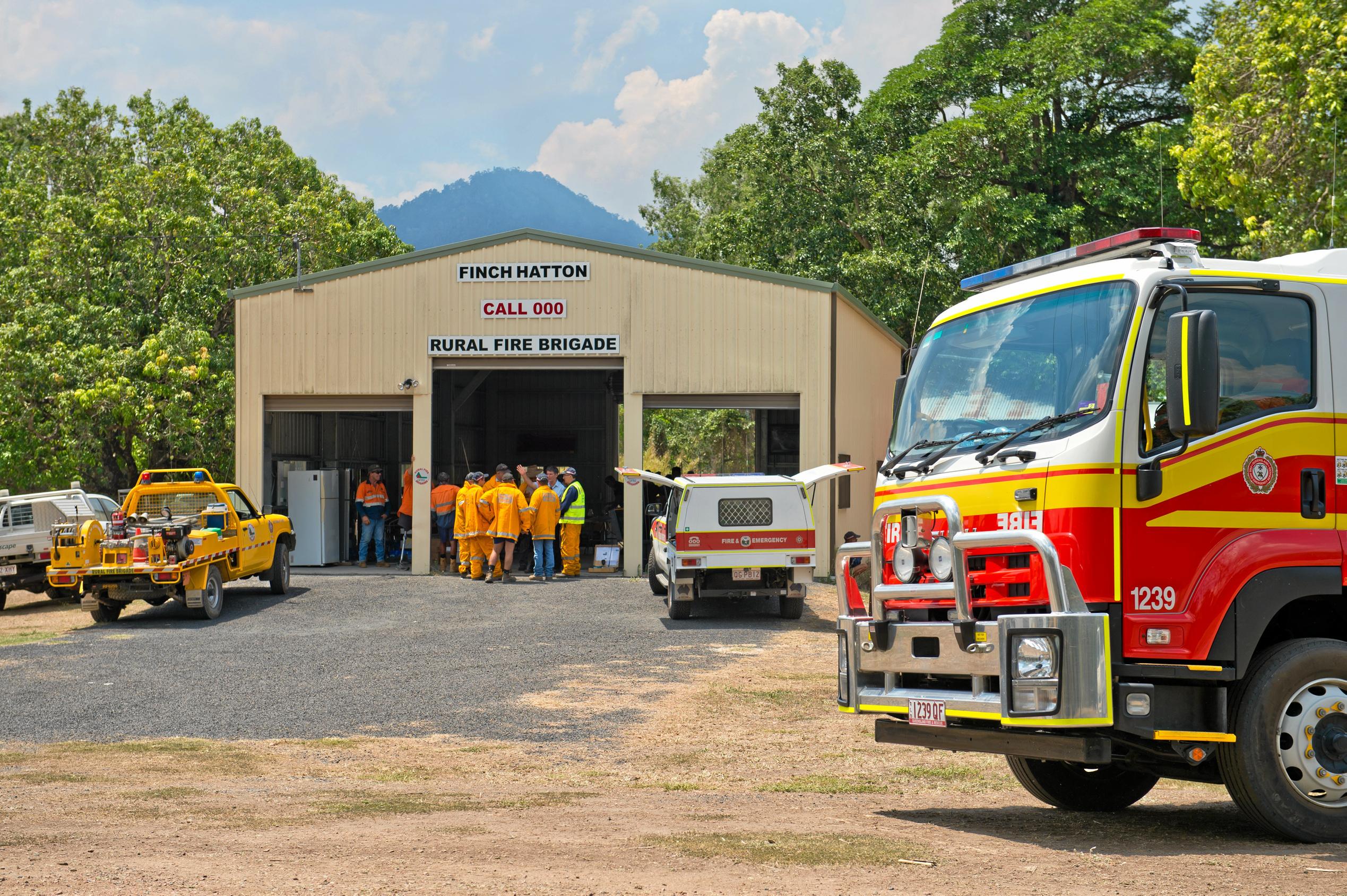 Finch Hatton fire station has been a hive of activity as emergency crews from around Queensland arrive to help fight multiple fires burning nearby. Picture: Emma Murray