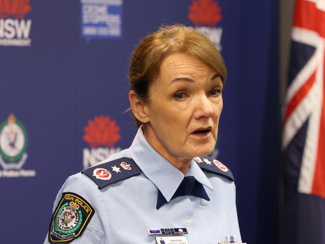 SYDNEY, AUSTRALIA - NewsWire Photos SEPTEMBER 19, 2024:  NSW Police Force Commissioner Karen Webb pictured addressing the media following the arrest of multiple men who allegedly made up a criminal network known as 'The Commission', a group that has allegedly supplied cocaine worth more than $1.8 billion across Sydney in only four months.Sydney CBD.Picture: NewsWire / Damian Shaw