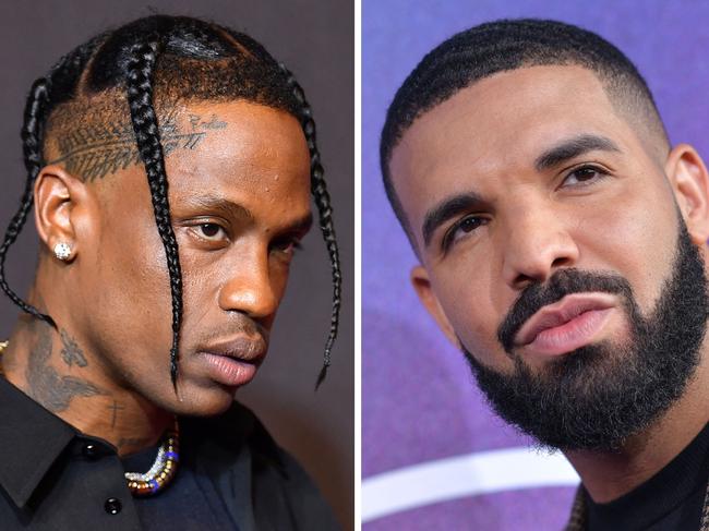 (COMBO)(FILES) This combination of file pictures created on November 6, 2021 shows (L) US rapper Travis Scott arriving for the 2021 MTV Video Music Awards at Barclays Center in Brooklyn, New York, September 12, 2021 and (R) US rapper Drake attending the Los Angeles premiere of the new HBO series "Euphoria" at the Cinerama Dome Theatre in Hollywood on June 4, 2019. - At least eight people died and several were wounded in a crush at the Astroworld music festival in the southern US state of Texas on November 5, 2021, authorities said. Scott was on stage when the incident occurred and stopped his act on several occasions when he saw fans in distress near the stage, the Houston Chronicle reported. During Scott's headline set late Friday, he was joined onstage by Canadian rap superstar Drake. (Photo by Angela WEISS and Chris DELMAS / AFP)