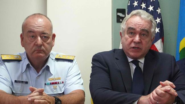 US National Security Council's Indo-Pacific co-ordinator Kurt Campbell (R) speaks alongside Michael Day, US Coast Guard, during a press conference after meeting with Solomon Islands' government officials. AFP)