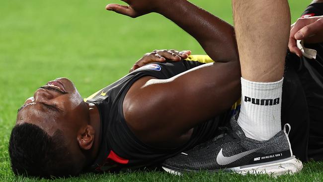 Maurice Rioli Jr was stretchered off late in the final quarter of Richmond’s loss to the Western Bulldogs with a suspected serious ankle injury. Picture: Quinn Rooney / Getty Images