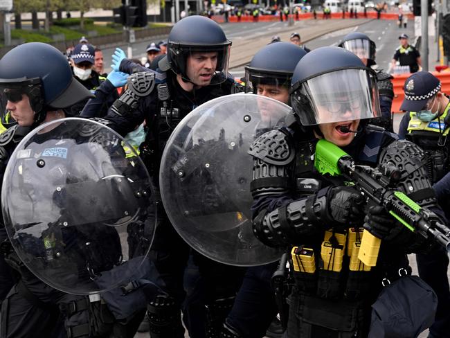 Riot police form a barricade. Picture: AFP