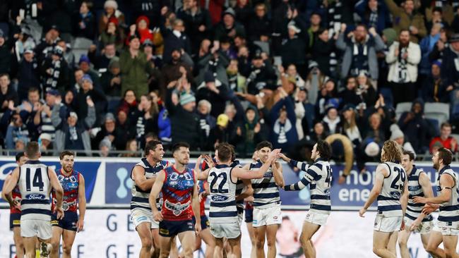 The fans and players love a Tyson Stengle goal. Picture: Dylan Burns/AFL Photos via Getty Images