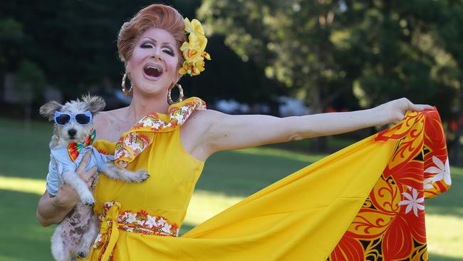 Verushka Darling and Baxter the dog at Victoria Park ahead of Mardi Gras Fair Day. Picture: Craig Wilson