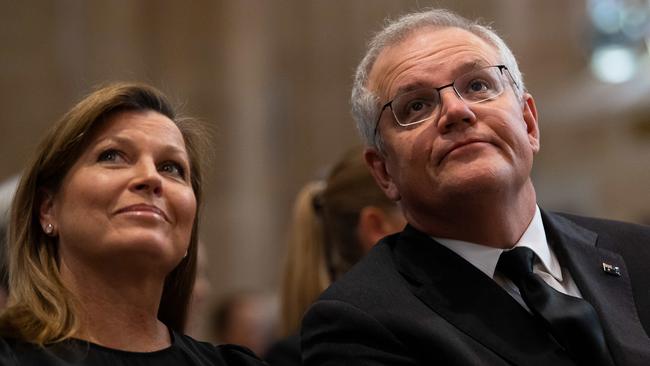 Jenny Morrison and Prime Minister Scott Morrison during a special prayer service to commemorate the death of Prince Philip, Duke of Edinburgh, at St Andrew's Cathedral in Sydney. Picture: NCA NewsWire/Bianca De Marchi