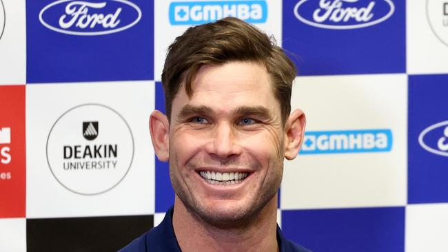 GEELONG, AUSTRALIA - AUGUST 06: Tom Hawkins speaks during a media opportunity at GMHBA Stadium on August 06, 2024 in Geelong, Australia. (Photo by Josh Chadwick/Getty Images)