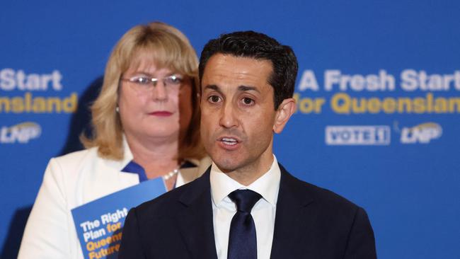 David Crisafulli, in front of Ann Leahy, at the Local Government Association of Queensland conference in the final week of the election campaign. Picture: Liam Kidston