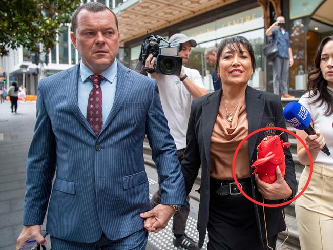 Analisa Corr seen with a Shore Thing Lobster Crossbody handbag worth about $670 as she leaves Downing Centre Local Court. Picture: NewsWire / Simon Bullard