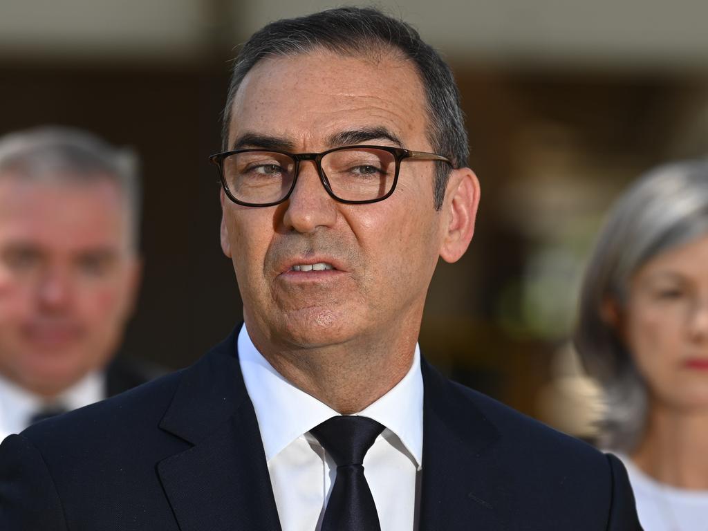 Premier Steven Marshall announced the new “speed bumps” for travellers arriving from NSW, Victoria and the ACT. Picture: NCA NewsWire / Naomi Jellicoe