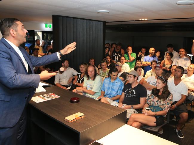 Auctioneer Matthew Shalhoub from Under The Hammer auctions off Ms Wood’s house. Picture: Toby Zerna