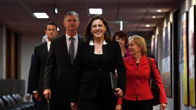 Queensland Opposition leader Deb Frecklington (centre) flanked by members of the LNP front bench as they arrived for a party room meeting at Parliament House yesterday. Picture: AAP Image/Dan Peled