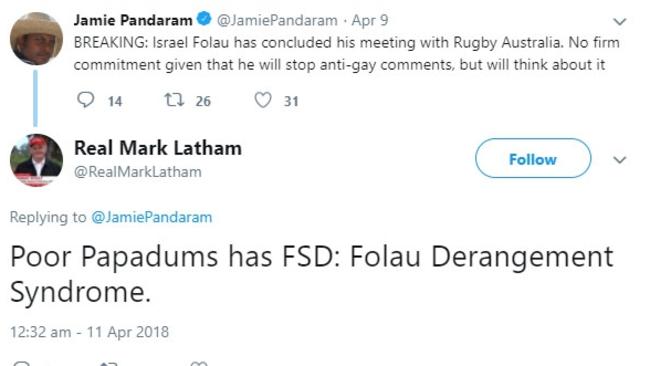 Mark Latham’s racial slurs against then Daily Telegraph sport reporter Jamie Pandaram.