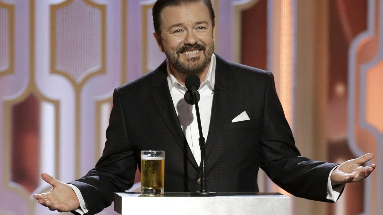 Ricky Gervais speaks onstage during the 73rd Annual Golden Globe Awards. Picture: Paul Drinkwater/NBCUniversal