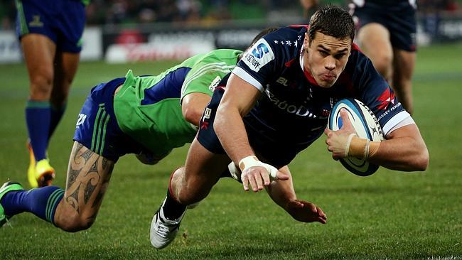 Tom English scores a try for the Rebels against the Highlanders last season. 