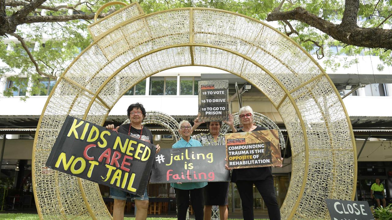 Grandmothers, Natalie Hunter, Barbara Nasir, Donna Hunter and Josie Crawshaw call for the closure of Don Dale five years after the Royal Commission. Picture: (A)manda Parkinson