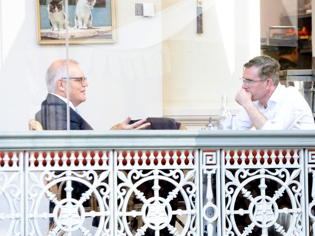 SYDNEY, AUSTRALIA - NewsWire Photos JULY 11, 2024: Former Prime minister Scott Morrison pictured with former premier of NSW Dominic Perrottet at the cafe at the Sydney Eye Hospital, Sydney CBD.Picture: NewsWire / Damian Shaw