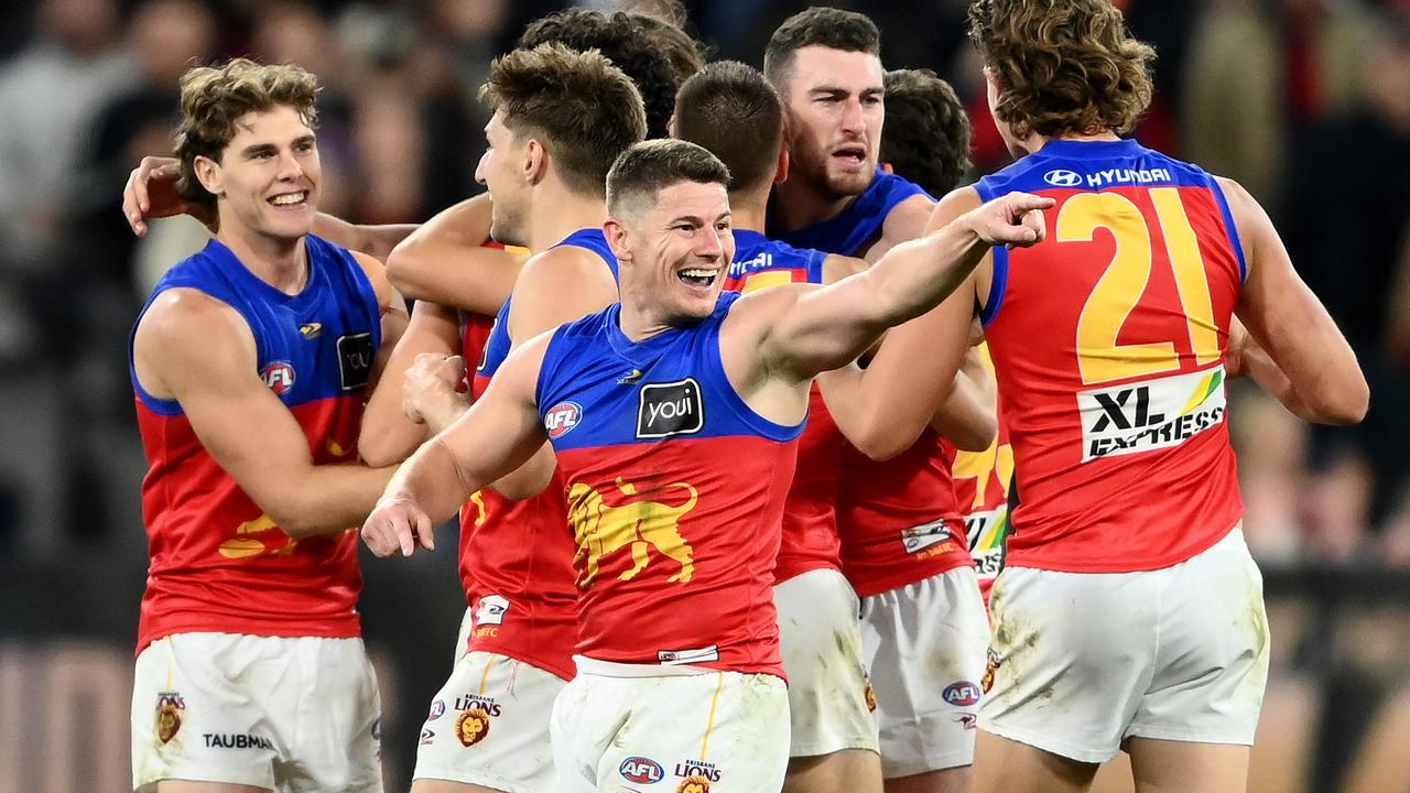 Dayne Zorko and his Lions teammates celebrate defeating Melbourne. Picture: Quinn Rooney