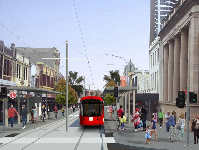 An artist’s impression of the planned Parramatta Light Rail at Church St, Parramatta.