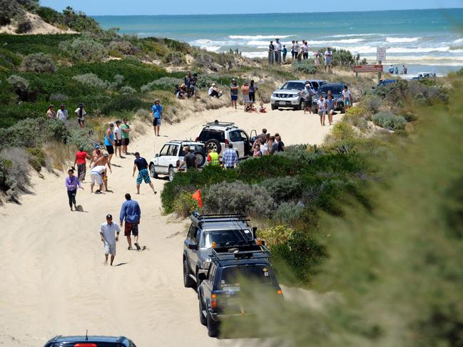 A traffic jam at Goolwa Beach after a 4WD got bogged. Picture: David Cronin