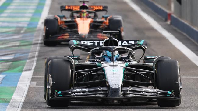 Mercedes' British driver George Russell drives on the third day of the Formula One pre-season testing at the Bahrain International Circuit in Sakhir on February 28, 2025. (Photo by FADEL SENNA / AFP)