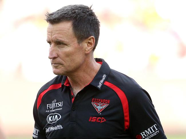 John Worsfold coach of the Bombers at quarter time during the Round 7 AFL match between the Essendon Bombers and the Hawthorn Hawks at the MCG in Melbourne, Saturday, May 5, 2018. (AAP Image/Hamish Blair) NO ARCHIVING, EDITORIAL USE ONLY