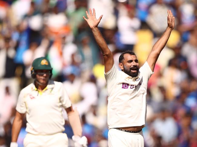 NAGPUR, INDIA - FEBRUARY 11: Mohammed Shami of India celebrates taking the wicket of Scott Boland of Australia to give India victory, during day three of the First Test match in the series between India and Australia at Vidarbha Cricket Association Ground on February 11, 2023 in Nagpur, India. (Photo by Robert Cianflone/Getty Images)