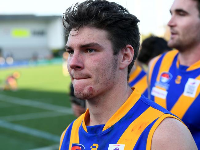 Zak Roscoe of Cranbourne Eagles is seen after winning the 2023 Southern Football Netball League Division 1 Seniors Qualifying Final match between Cranbourne Eagles and Dingley at RSEA Park in Moorabbin, Victoria on September 2, 2023. (Photo by Josh Chadwick)