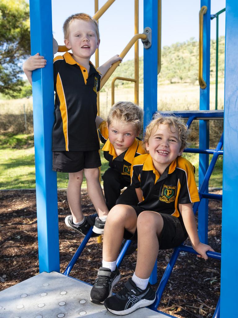 My First Year 2022: Pilton State School Prep students (from left) Lawson, Oliver and Harry, Tuesday, March 1, 2022. Picture: Kevin Farmer