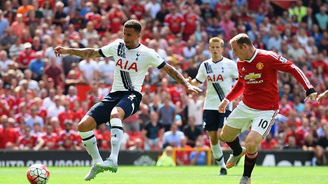 MANCHESTER, ENGLAND - AUGUST 08: Kyle Walker (L) of Tottenham Hotspur kicks the ball resulting in the own goal during the Barclays Premier League match between Manchester United and Tottenham Hotspur at Old Trafford on August 8, 2015 in Manchester, England. (Photo by Michael Regan/Getty Images)