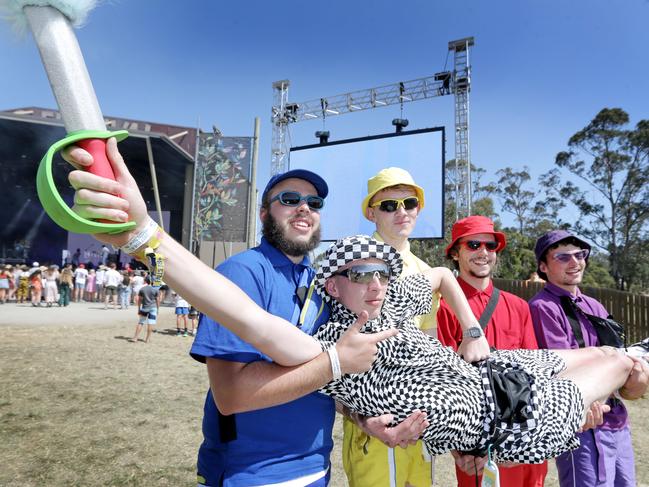 Punters from Canberra dressed as The Wiggles, from left, Alex Prescott, Conor Quilty, Harry Hattch and Josh Freeman and Mitch Hope, front. Picture: PATRICK GEE