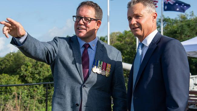 Luke Gosling and Matt Thistlethwaite as Australians, Americans and Japanese gather before the USS Peary Memorial, Darwin Esplanade, to commemorate the Bombing of Darwin. Picture: Pema Tamang Pakhrin