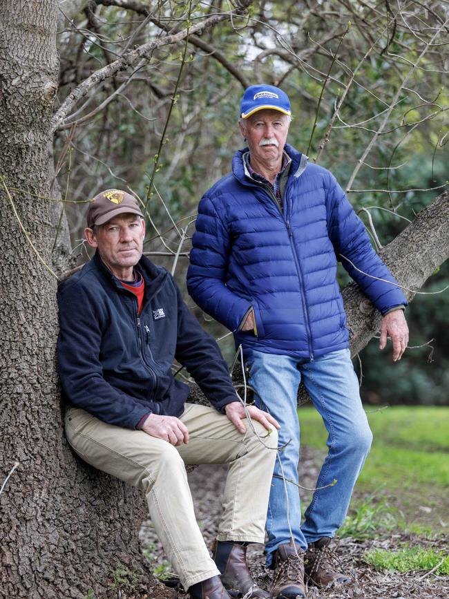 Farmers Nathan Lidgett and Ray Sullivan at a demonstration against the Allan Government’s transmission plans in Bendigo earlier this year. Picture: David Geraghty