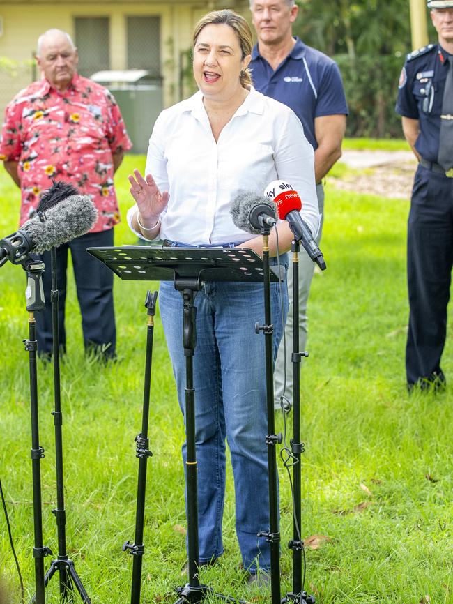 Then-Queensland Premier Annastacia Palaszczuk gives an update on flood recovery at Kingston East Neighbourhood Group in March 2022. Picture: Richard Walker