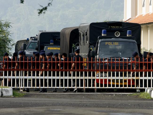 On guard ... Indonesian Paramilitary Police (Brimob) secure the area around Cilacap, in Nusa Kambangan prison island. Picture: NewsCorp