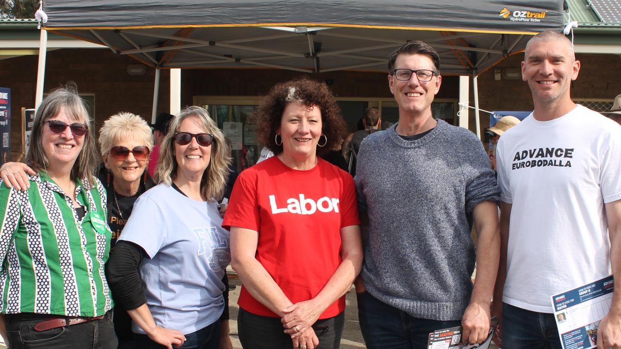 Eurobodalla's mayoral candidates (left to right) Colleen Turner, Coral Anderson (supporter, not running), Claire Mcnash, Sharon Winslade, Anthony Mayne and Mathew Hatcher. Picture: Tom McGann.