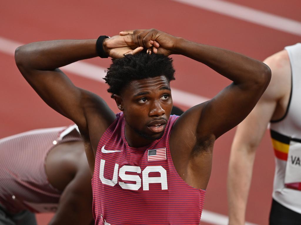 The moment Noah Lyles realised he'd messed up. (Photo by Mustafa Yalcin/Anadolu Agency via Getty Images)