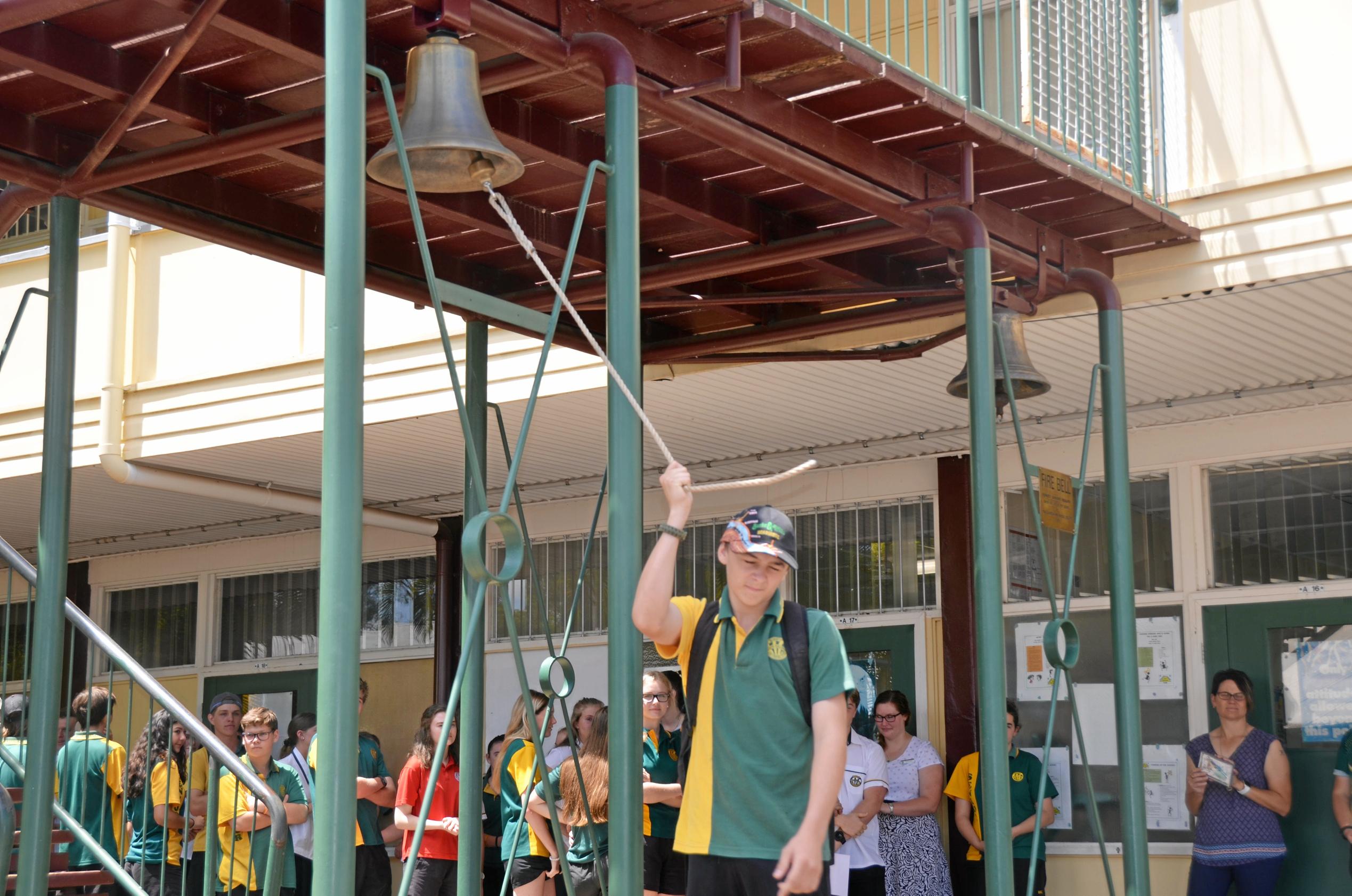 Burnett State College had 39 Year 12 graduates ring the school bell before they walked out the gates as students for the last time. Picture: Felicity Ripper