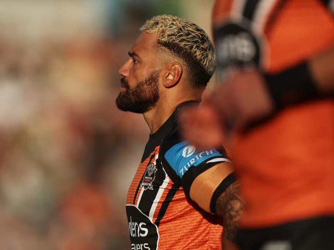 SYDNEY, AUSTRALIA - JUNE 23: Apisai Koroisau of the Tigers warms up during the round 16 NRL match between Wests Tigers and Canberra Raiders at Campbelltown Stadium, on June 23, 2024, in Sydney, Australia. (Photo by Matt King/Getty Images)