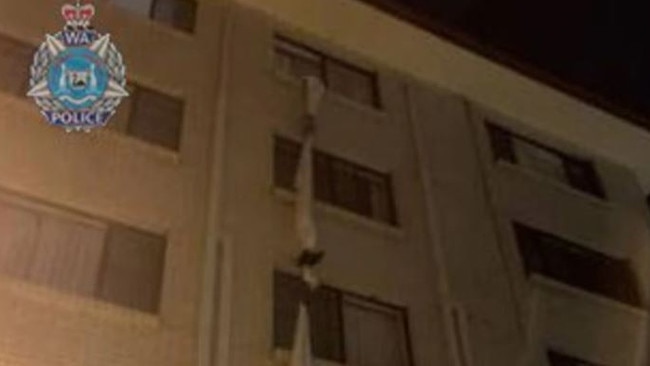 A man has been charged after allegedly escaping Covid-19 hotel quarantine in Perth by climbing out of a window on the fourth floor, then using a rope made out of bed sheets. Picture: WA Police