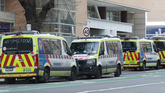 Ambulance vehicles in front of the Royal Melbourne hospital for ramping story. Thursday, June 20. 2024. Picture: David Crosling