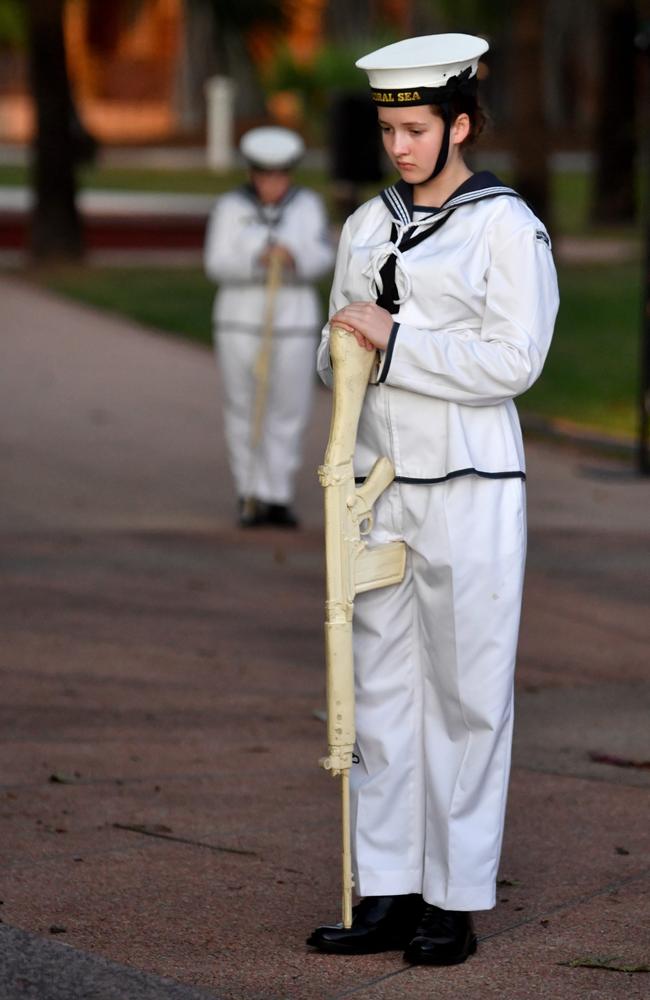 Dawn Service at Anzac Park for 83rd commemoration of Battle of Coral Sea. Part of the catafalque party from TS Coral Sea. Picture: Evan Morgan