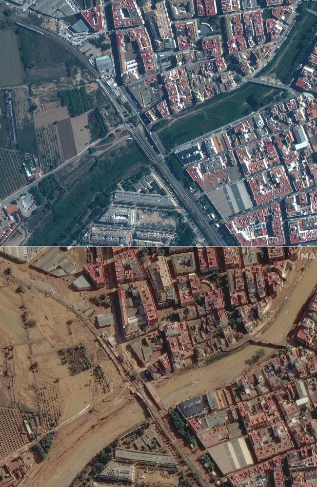 Valencia's Paiporta district, before (up) and after (down) deadly flash floods. Picture: Handout / Satellite image Â©2024 Maxar Technologies / AFP