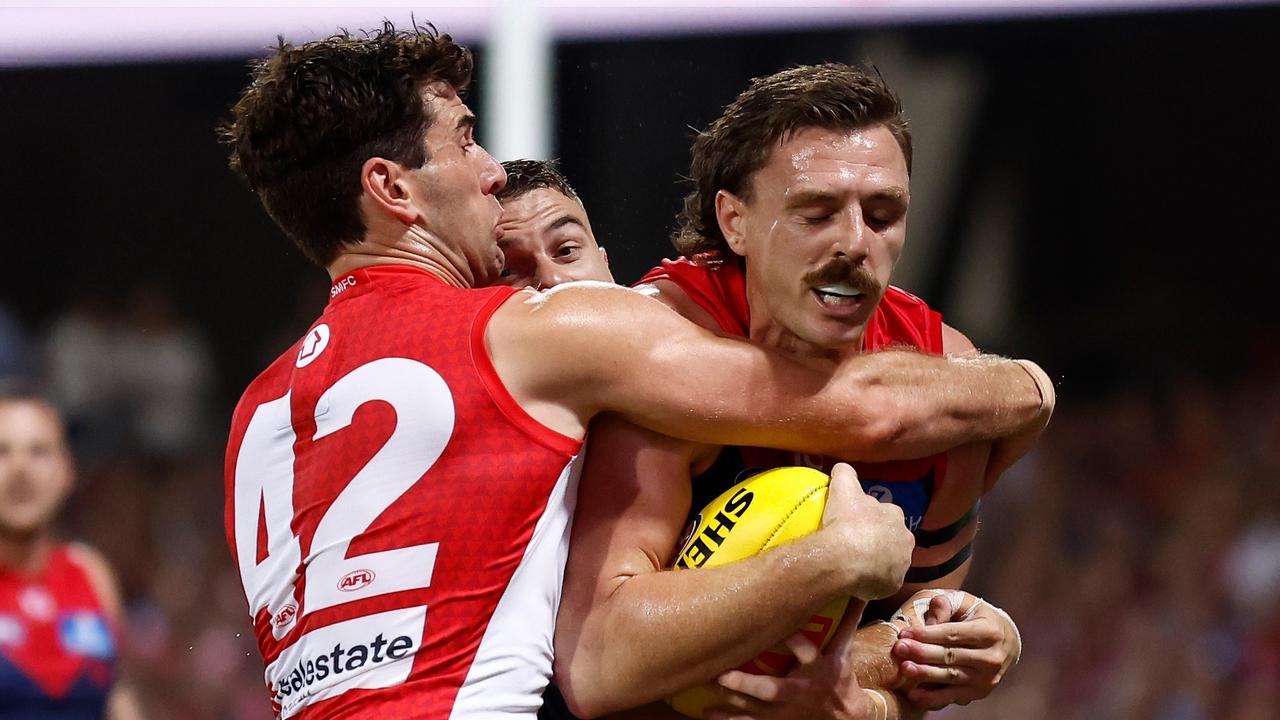 Sydney’s Robbie Fox had a defensive forward role on Melbourne’s Jake Lever in opening round. Picture: Getty Images